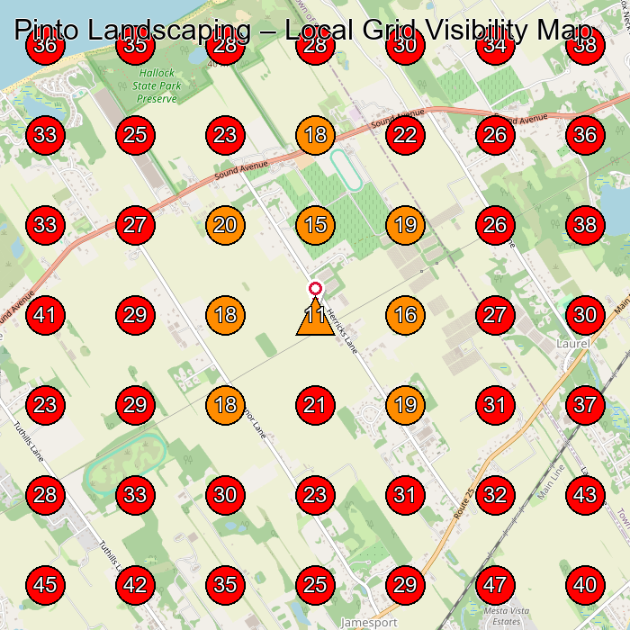 Pinto Landscaping GeoGrid visibility map for Custom Home Builder in Jamesport
